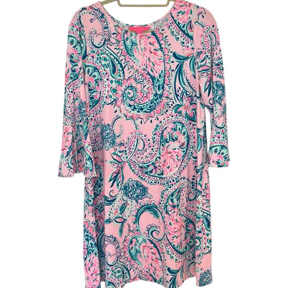 Lilly Pulitzer Ophelia Swing Dress Pink Tropics Tint Paisley Flared Sleeve Large - Picture 1 of 7
